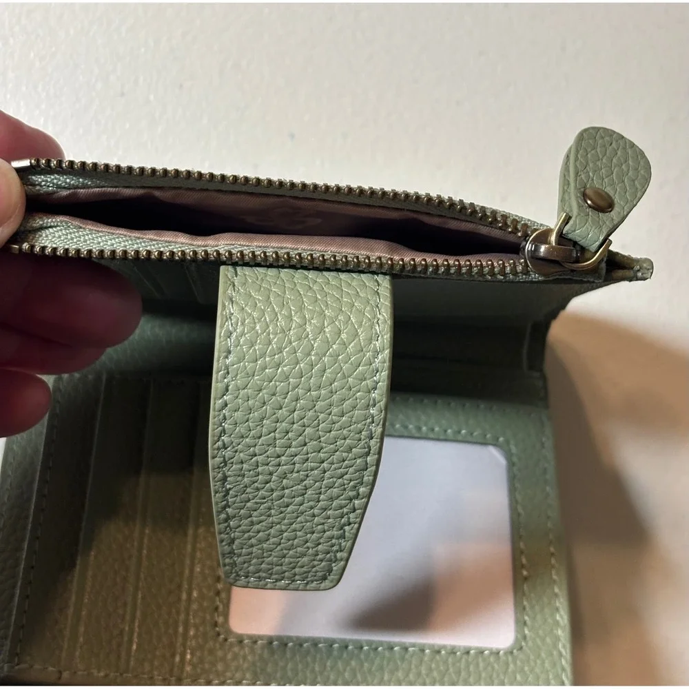 Bifold Wallet Women Small Sage Green Pebbled Faux Leather Snap Zipper NEW in box